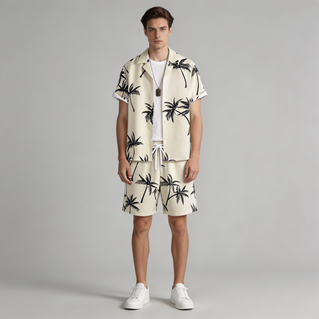 Completo Uomo Camicia e Shorts Stampa Palme Estate - Vesarelli