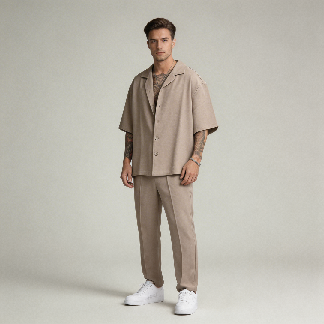 Completo Estivo Uomo Camicia Cotone Pantaloni Dritti - Vesarelli