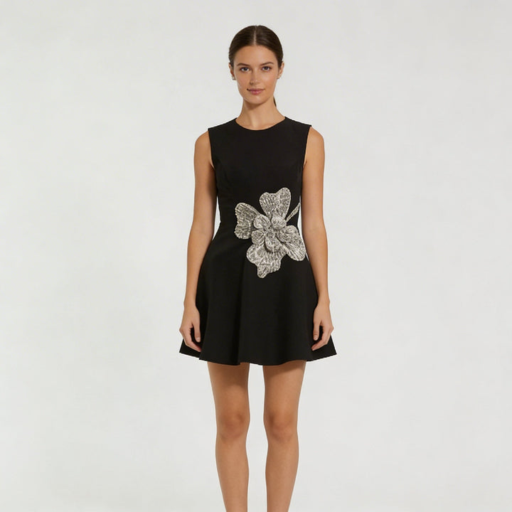 Abito Mini Donna con Strass e Decorazione a Fiore - Vesarelli