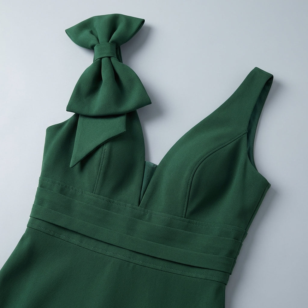 Abito Lungo Donna Smanicato Scollo a V Stile Sirena con Fiocco - Vesarelli