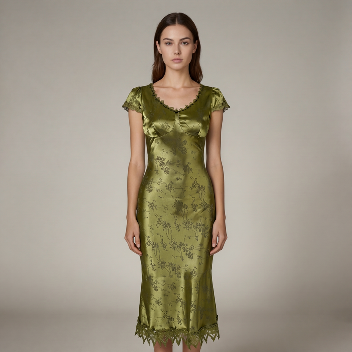 Abito Midi Donna Jacquard Manica Corta Elegante - Vesarelli