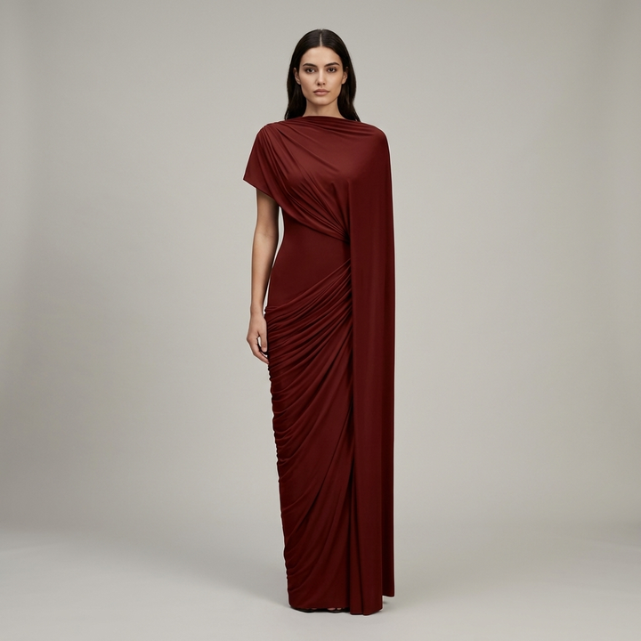 Abito Lungo Donna Drappeggiato Cappa Asimmetrica - Vesarelli