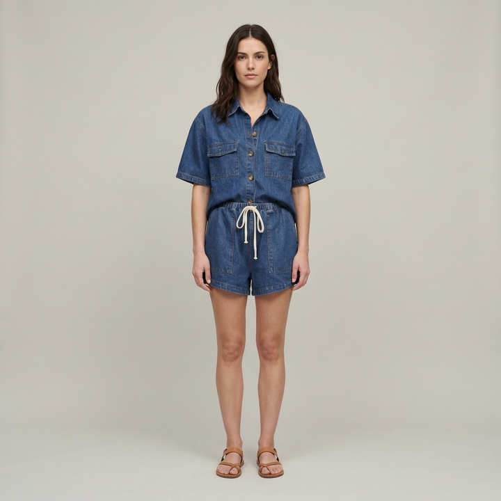Set Estivo Donna Camicia Cotone Shorts Vita Elastica - Vesarelli