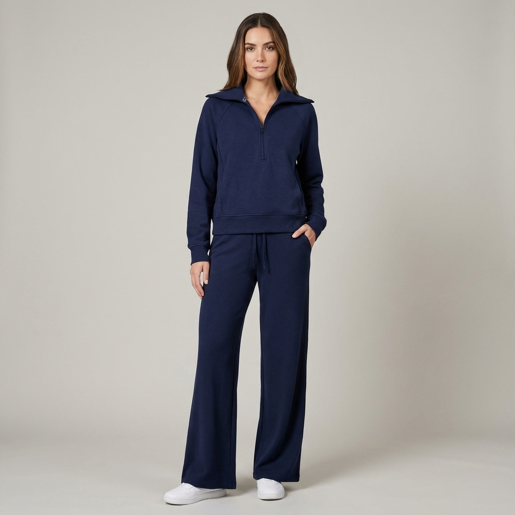 Set Donna Mezza Zip in Tessuto Morbido Pantaloni Larghi - Vesarelli