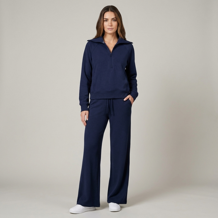 Set Donna Mezza Zip in Tessuto Morbido Pantaloni Larghi - Vesarelli
