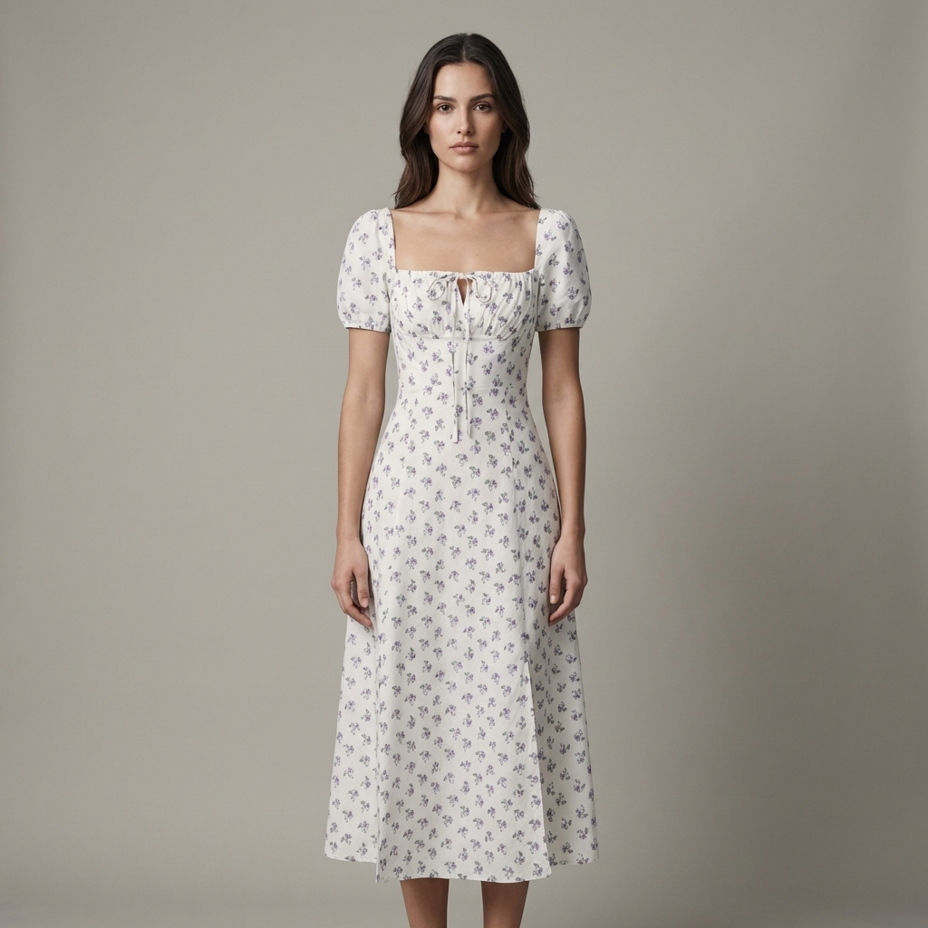 Abito Midi Donna in Tessuto Floreale Scollo Quadrato Arricciato - Vesarelli
