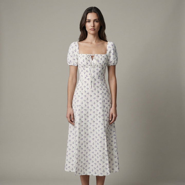Abito Midi Donna in Tessuto Floreale Scollo Quadrato Arricciato - Vesarelli