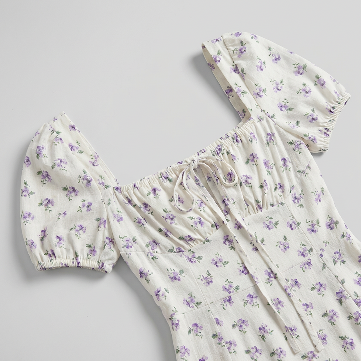 Abito Midi Donna in Tessuto Floreale Scollo Quadrato Arricciato