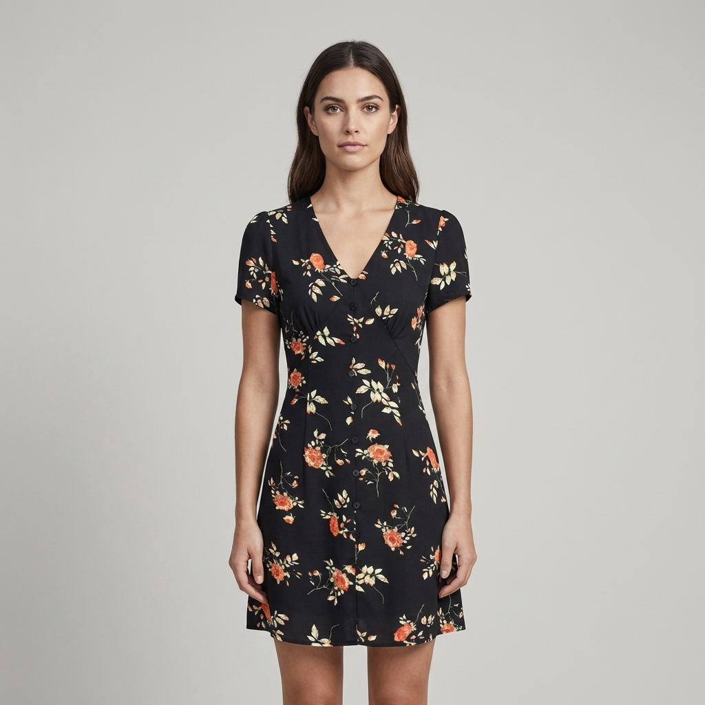 Abito Mini Donna Floreale Scollo a V Abbottonato Linea A - Vesarelli