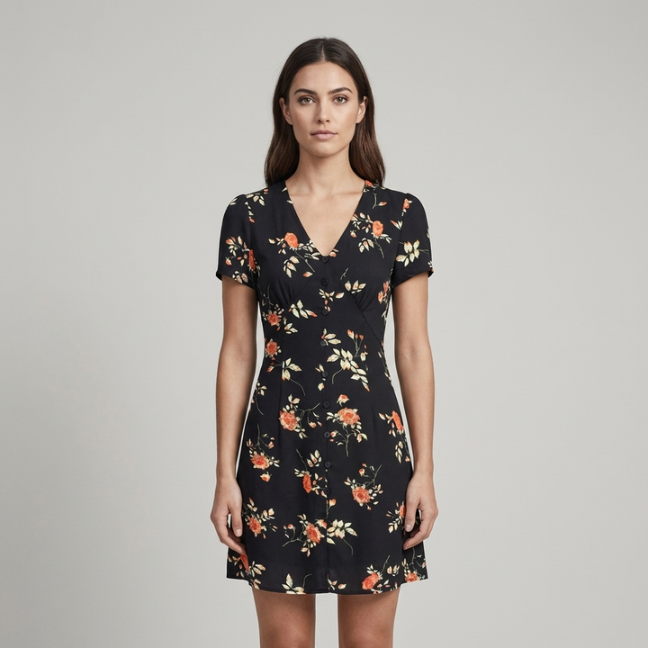 Abito Mini Donna Floreale Scollo a V Abbottonato Linea A - Vesarelli