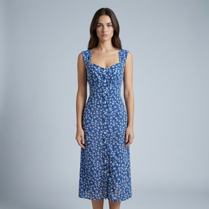 Abito Midi Donna Tessuto Floreale Scollo a Cuore - Vesarelli