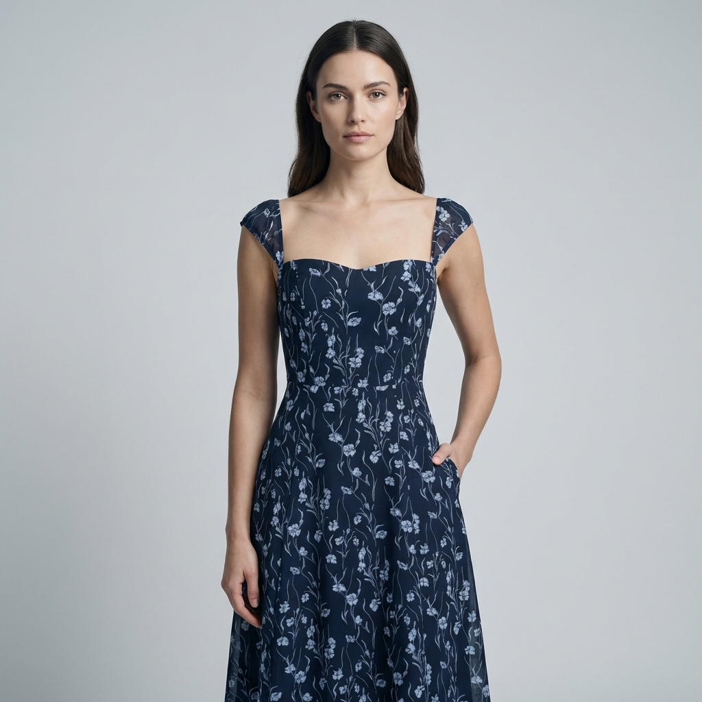 Abito Midi Donna in Tessuto Floreale Scollo a Cuore - Vesarelli
