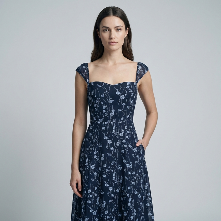 Abito Midi Donna in Tessuto Floreale Scollo a Cuore - Vesarelli