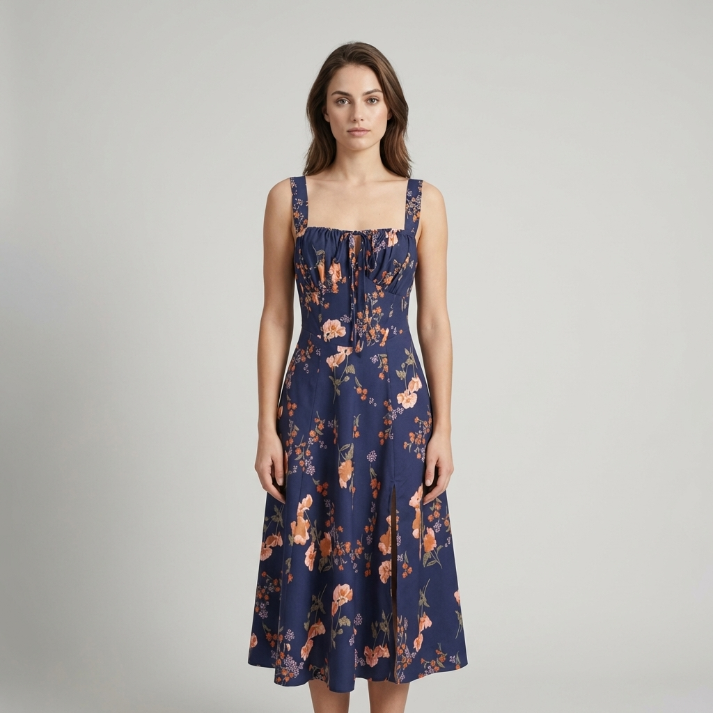 Abito Midi Donna Floreale Allacciato Arricciato - Vesarelli
