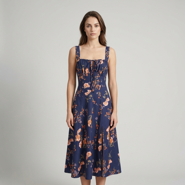 Abito Midi Donna Floreale Allacciato Arricciato - Vesarelli