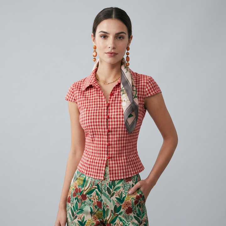 T-shirt Donna in Cotone Fantasia Quadri Regular - Vesarelli
