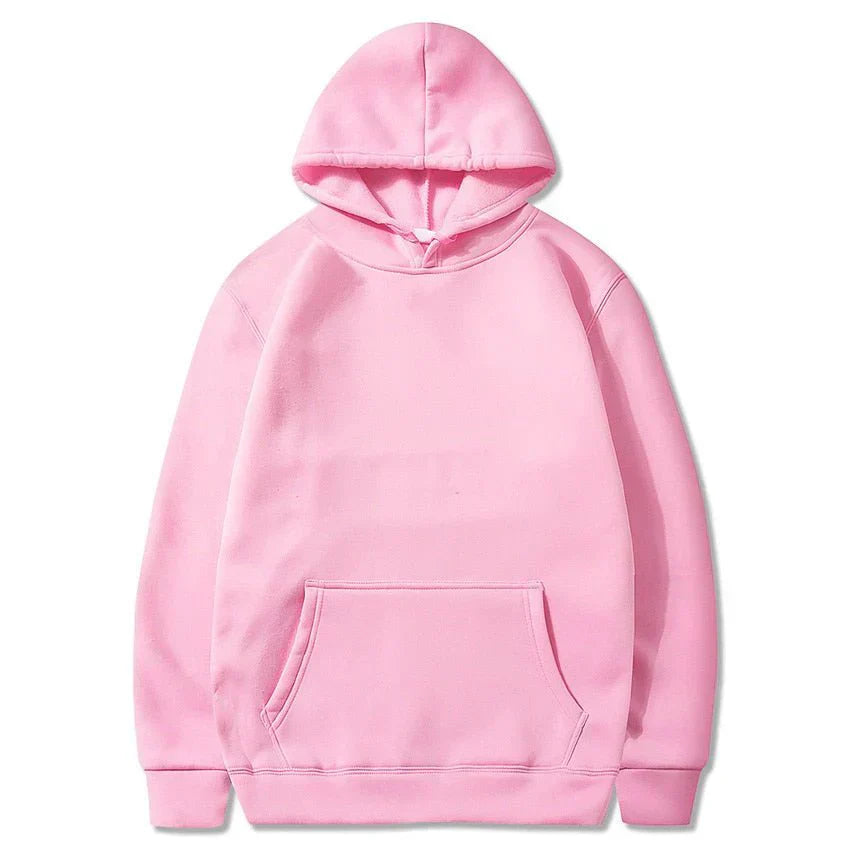 Felpa con cappuccio rosa unisex, tasca frontale, cotone morbido, moda casual, abbigliamento streetwear, taglie disponibili, comfort quotidiano.