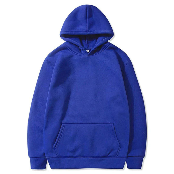 Felpa con cappuccio blu unisex, tasca frontale, cotone, moda casual, abbigliamento sportivo, ideale per autunno e inverno.