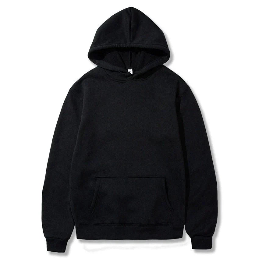 Felpa con cappuccio nera unisex, design semplice, tasca frontale a marsupio, ideale per abbigliamento casual e sportivo. Cotone morbido e confortevole.