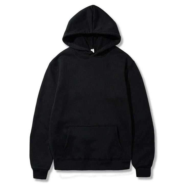 Felpa con cappuccio nera unisex, design semplice, tasca frontale a marsupio, ideale per abbigliamento casual e sportivo. Cotone morbido e confortevole.