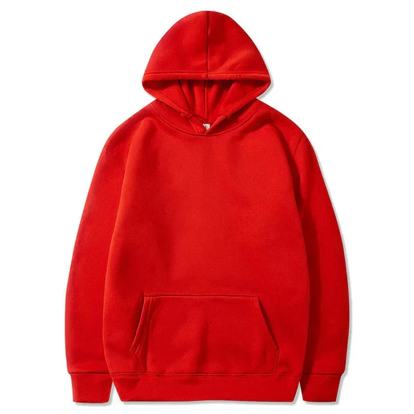 Felpa con cappuccio rossa unisex, tasca frontale a marsupio, design semplice, ideale per abbigliamento casual e sportivo. Cotone morbido e confortevole.