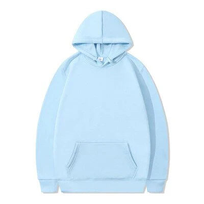 Felpa con cappuccio unisex azzurra, tasca frontale a marsupio, design casual, cotone morbido, ideale per abbigliamento sportivo e tempo libero.