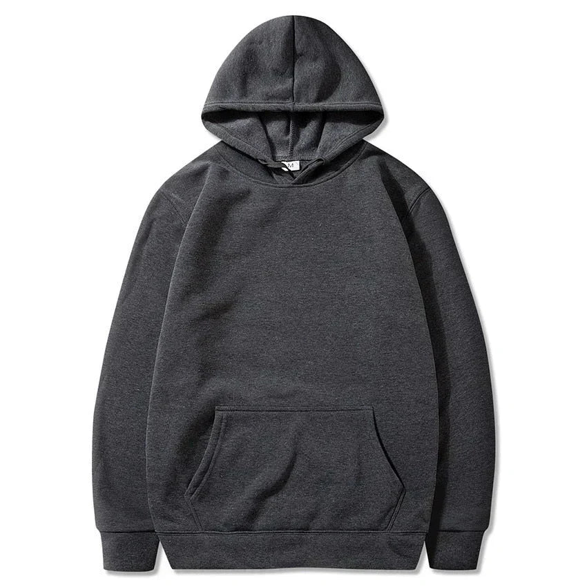 Felpa con cappuccio unisex grigio scuro, tasca frontale a marsupio, design semplice, ideale per abbigliamento casual e sportivo.