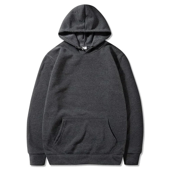 Felpa con cappuccio unisex grigio scuro, tasca frontale a marsupio, design semplice, ideale per abbigliamento casual e sportivo.