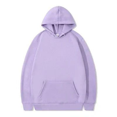 Felpa con cappuccio unisex viola chiaro, tasca frontale a marsupio, design casual, cotone morbido, ideale per abbigliamento sportivo e tempo libero.