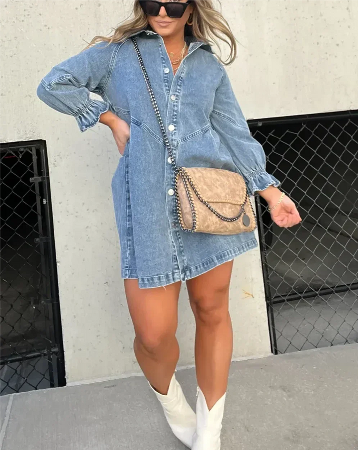 Abito Corto Donna in Denim Manica Lunga Scollo Camicia