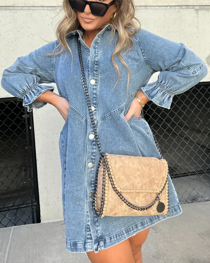 Abito Corto Donna in Denim Manica Lunga Scollo Camicia