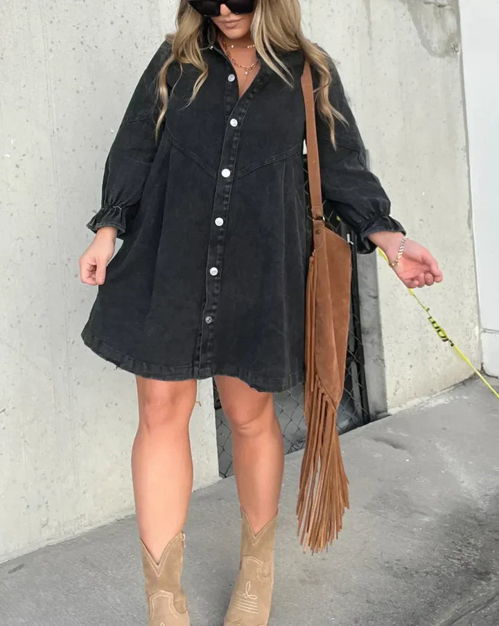 Abito Corto Donna in Denim Manica Lunga Scollo Camicia