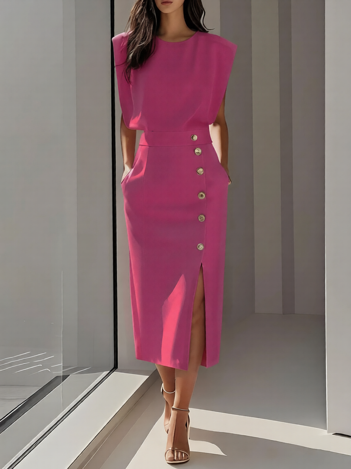 Abito Midi Donna Scollo Rotondo Spacco