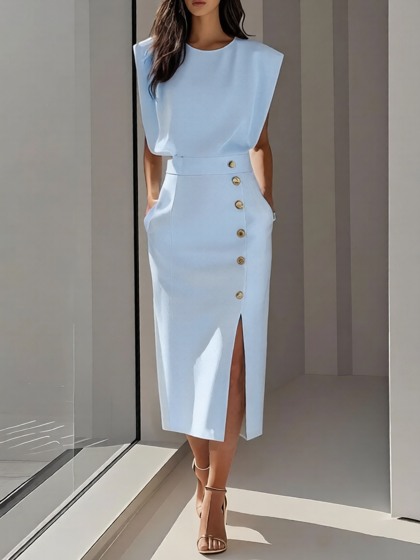 Abito Midi Donna Scollo Rotondo Spacco