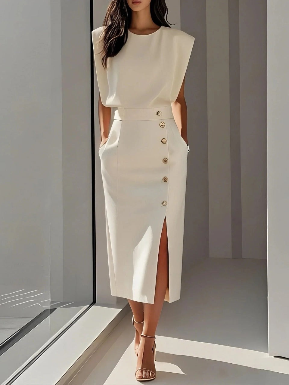 Abito Midi Donna Scollo Rotondo Spacco