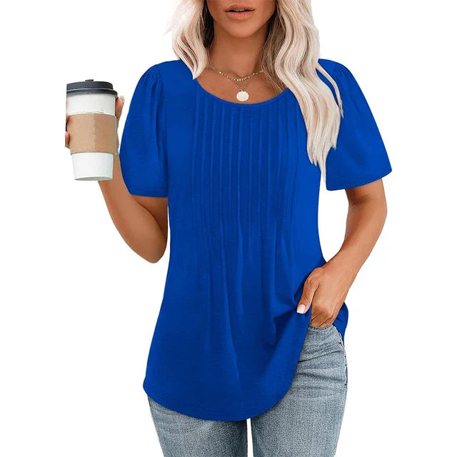 Camicetta Donna Plissettata Scollo Tondo Manica Corta Casual