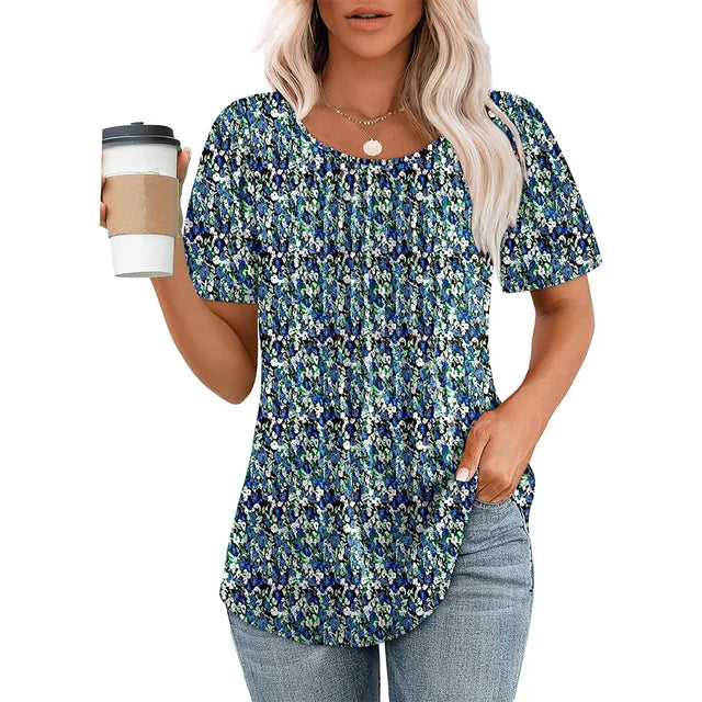 Camicetta Donna Plissettata Scollo Tondo Manica Corta Casual