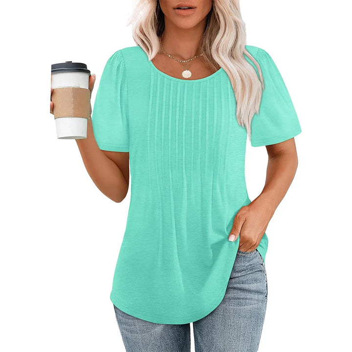 Camicetta Donna Plissettata Scollo Tondo Manica Corta Casual