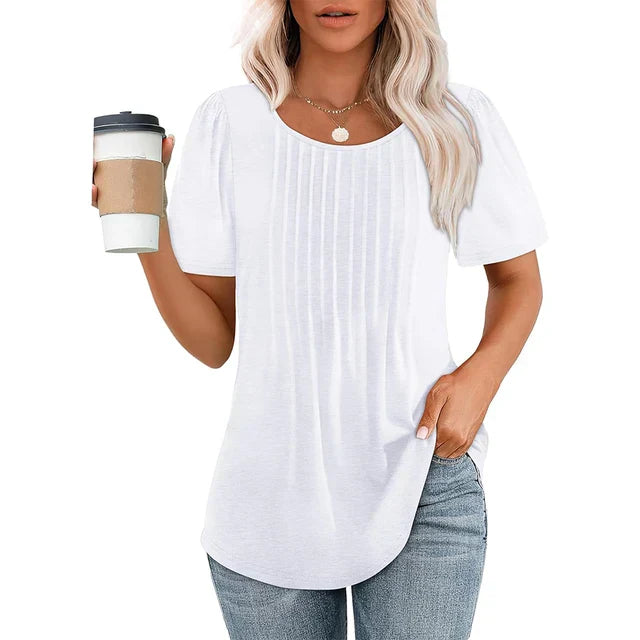 Camicetta Donna Plissettata Scollo Tondo Manica Corta Casual