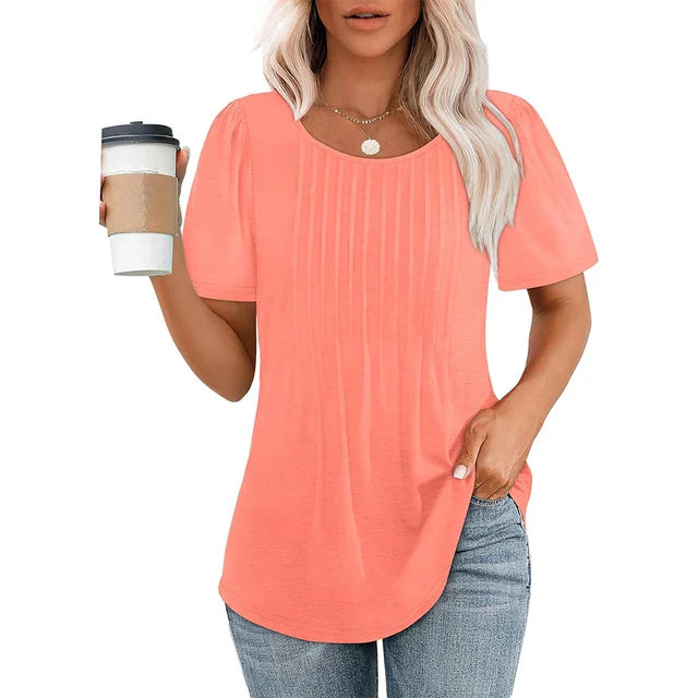 Camicetta Donna Plissettata Scollo Tondo Manica Corta Casual