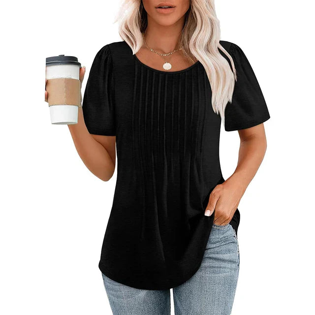 Camicetta Donna Plissettata Scollo Tondo Manica Corta Casual