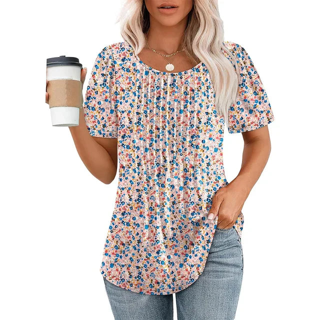 Camicetta Donna Plissettata Scollo Tondo Manica Corta Casual