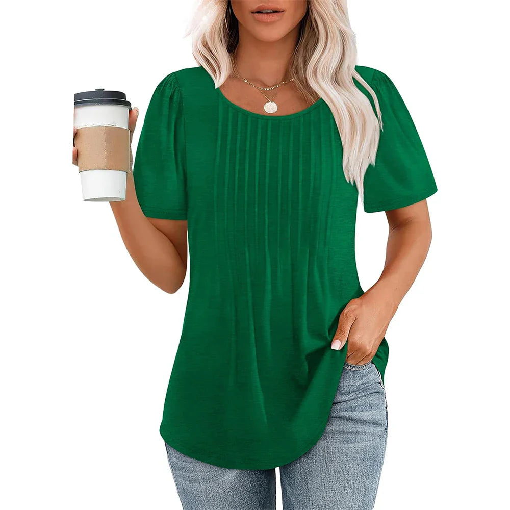 Camicetta Donna Plissettata Scollo Tondo Manica Corta Casual