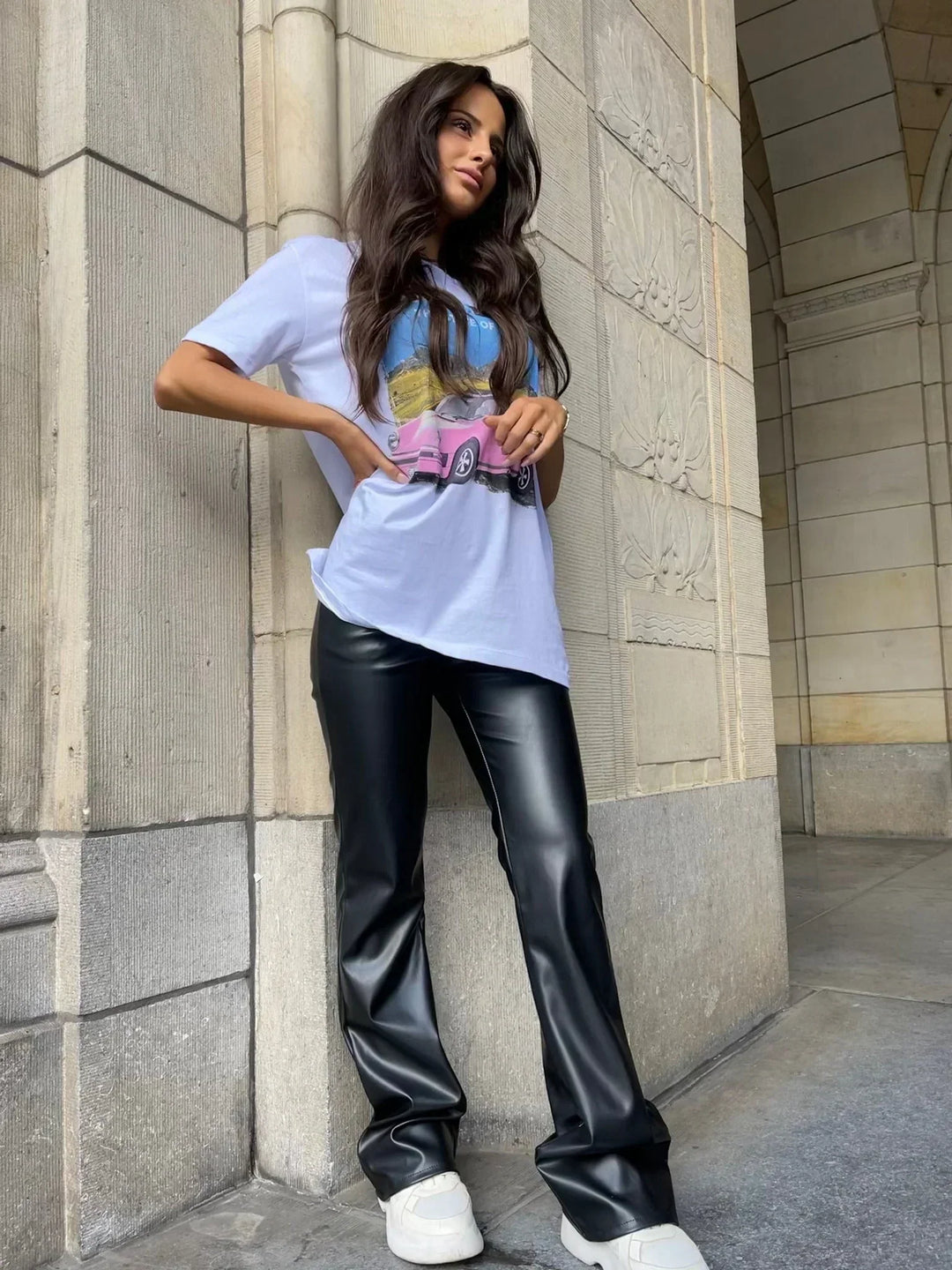 Pantaloni Donna in Ecopelle Vita Alta Taglio Dritto Elegante