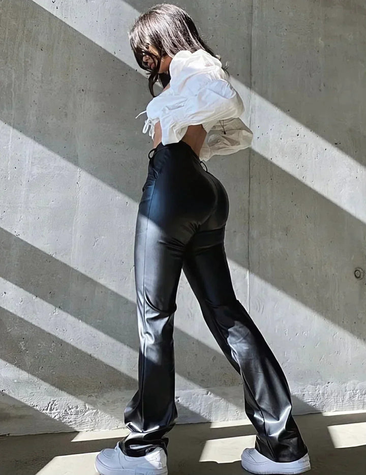 Pantaloni Donna in Ecopelle Vita Alta Taglio Dritto Elegante