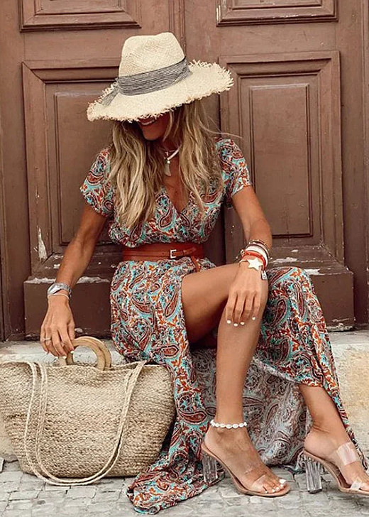 Abito Maxi Donna Boho Scollo a V con Cintura