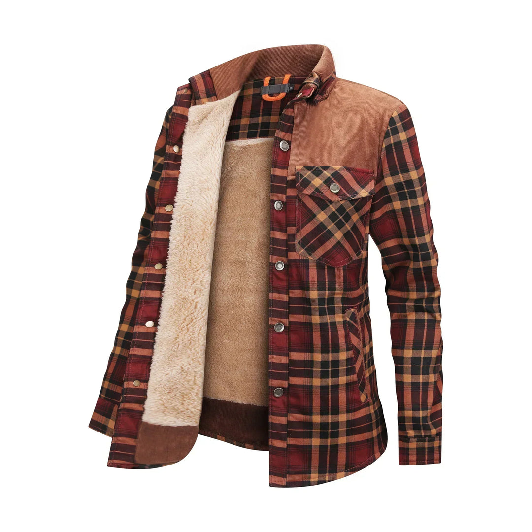 Camicia a quadri in flanella da uomo, foderata in pile, con tasca sul petto, colori autunnali, ideale per abbigliamento casual e outdoor.