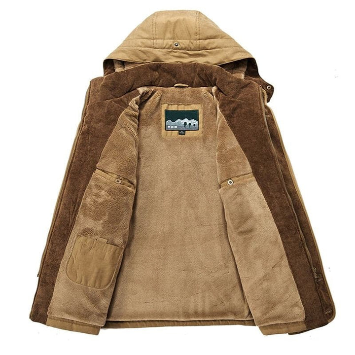 Giacca invernale da uomo in pile marrone, con cappuccio, design aperto, tasche interne, ideale per escursioni e attività all'aperto.