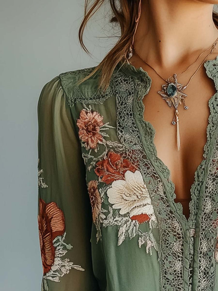 Camicetta Donna in Pizzo Stampa Floreale Scollo Classico - Vesarelli