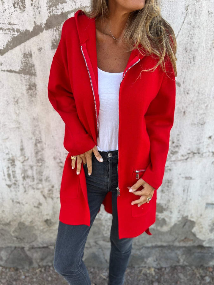 Cardigan Donna Lungo in Maglia con Cappuccio e Zip